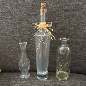 Elegant Vintage set of 3 Clear Glass Bottles.  Tall bottle is Vetreria Trusca.